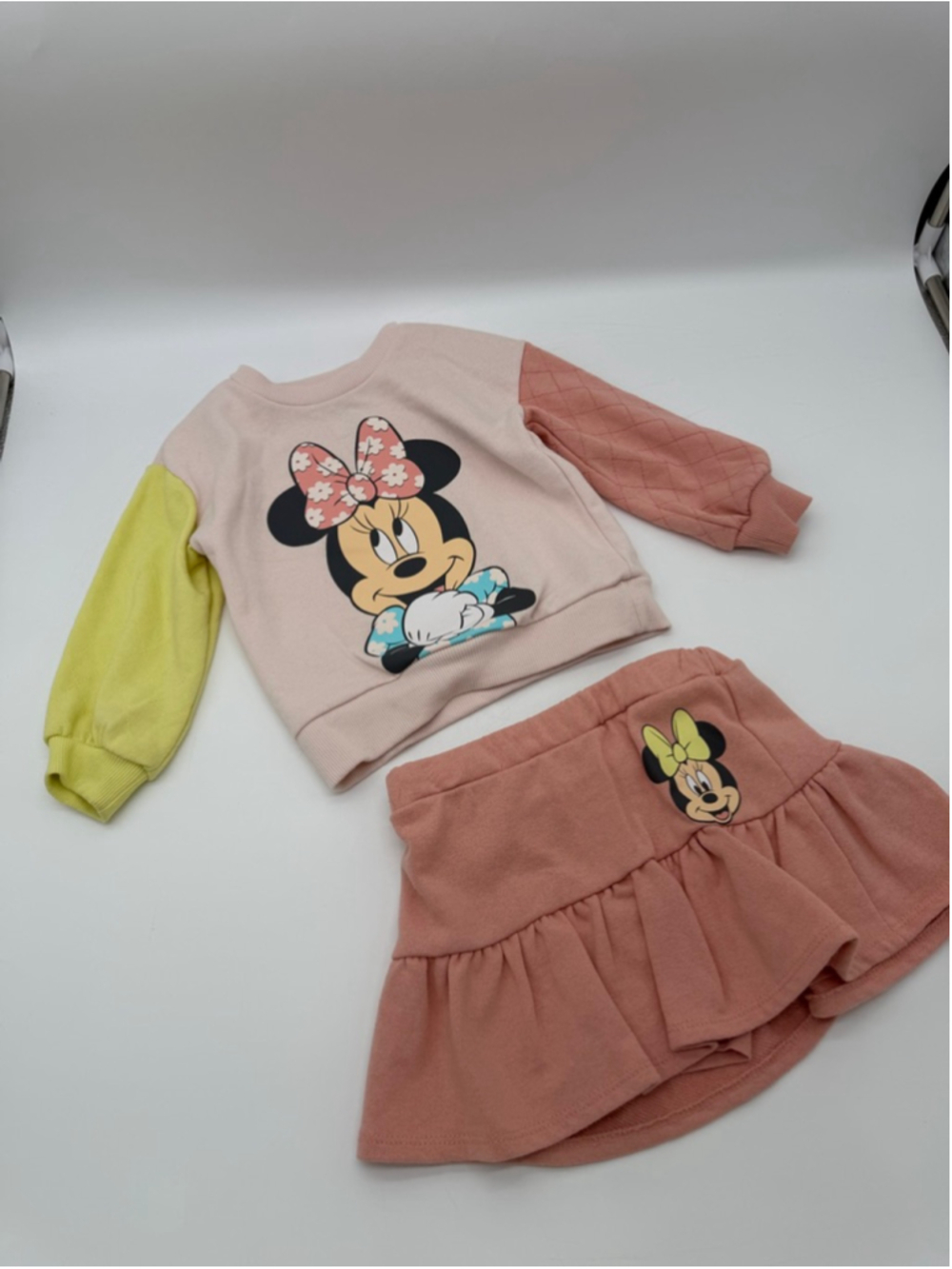 Girls Disney Matching Set 3T Pink Yellow Minnie Mouse Sweatshirt Skirt